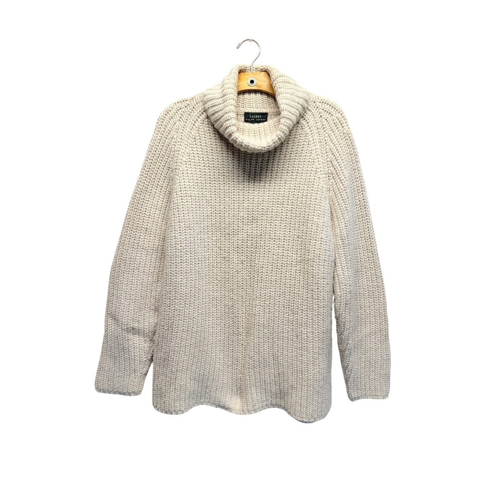 Lauren Ralph Lauren Cream Alpaca Linen Blend Shaker Stitch Turtleneck Sweater